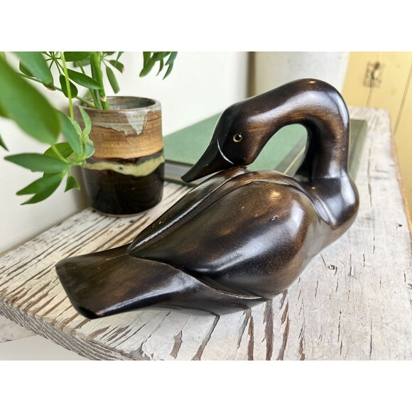 Vintage PWF Carved Solid Wood Mallard Duck Goose Glass Eye Figurine 9x5x4" - Picture 2 of 6